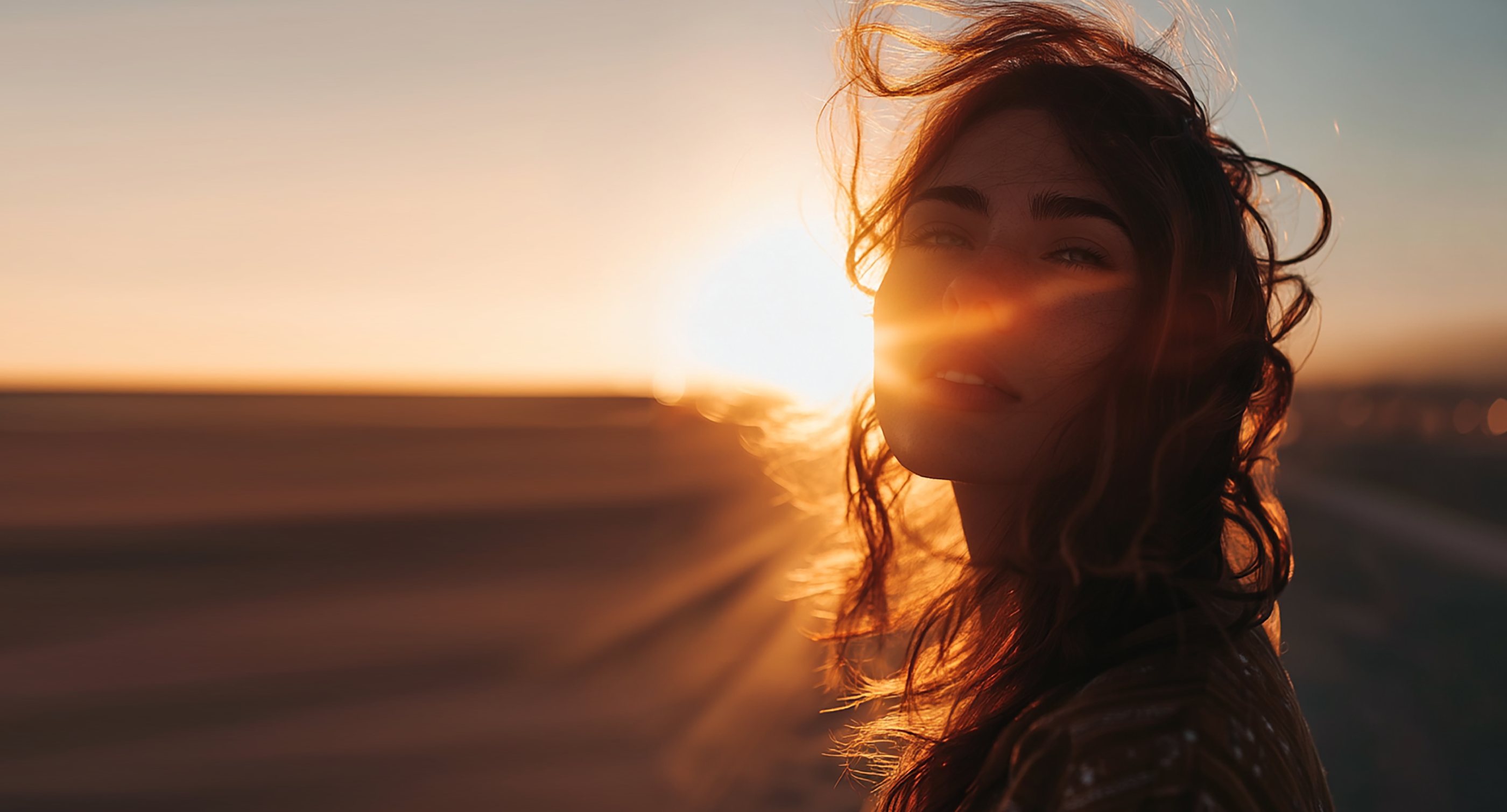 A woman facing into the light at sunrise